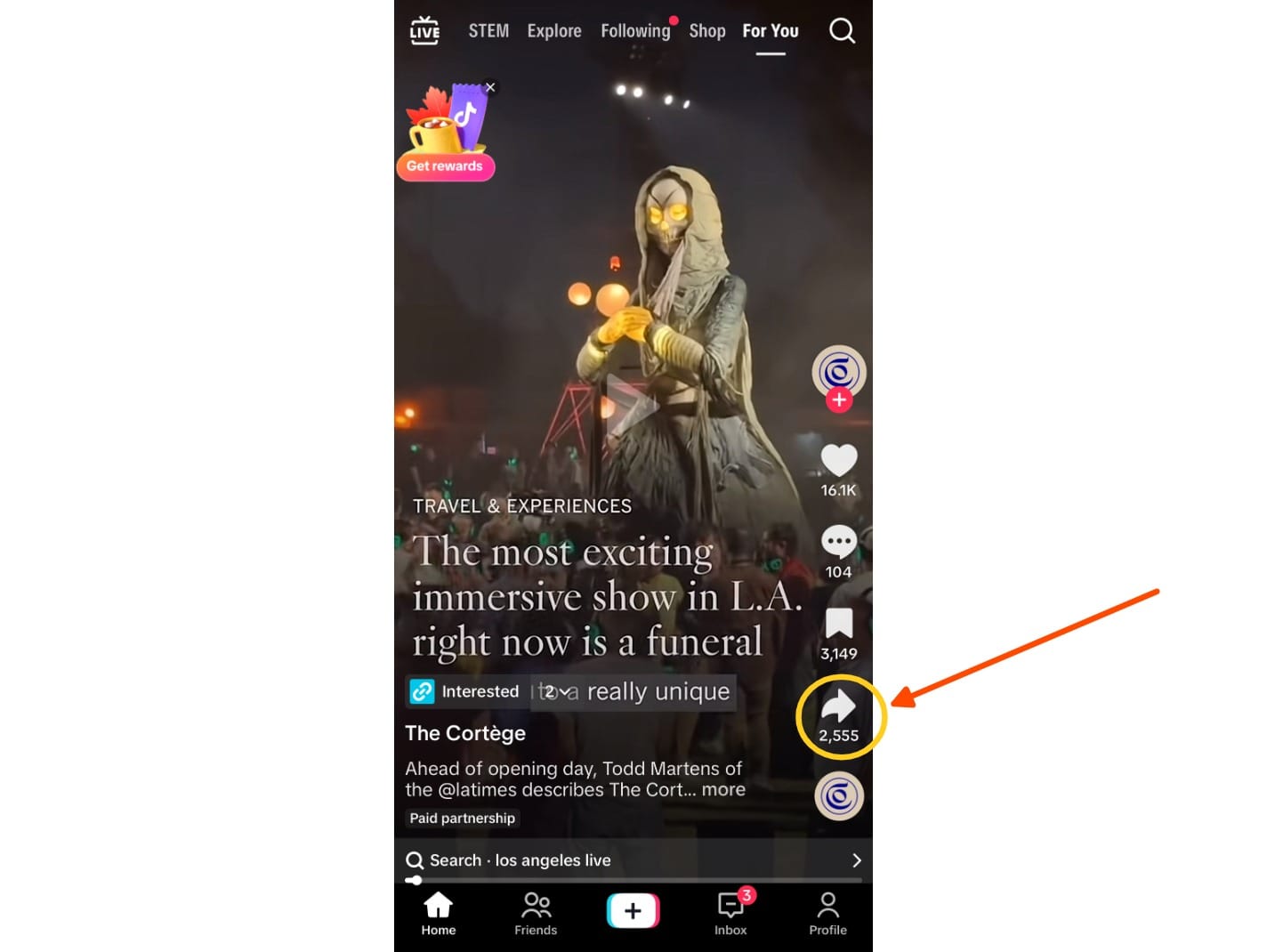 A screenshot showing the TikTok interface with a circle around the share icon.