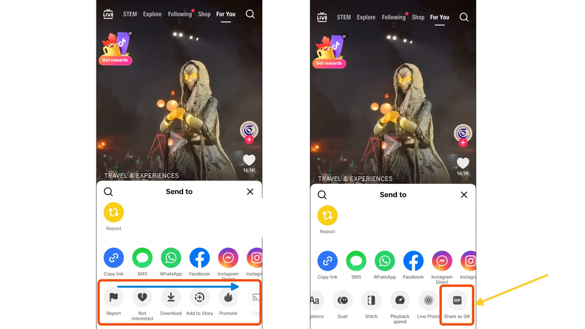 Two screenshots showing how to scroll on the third row of the share menu, and tap the Share as GIF icon.