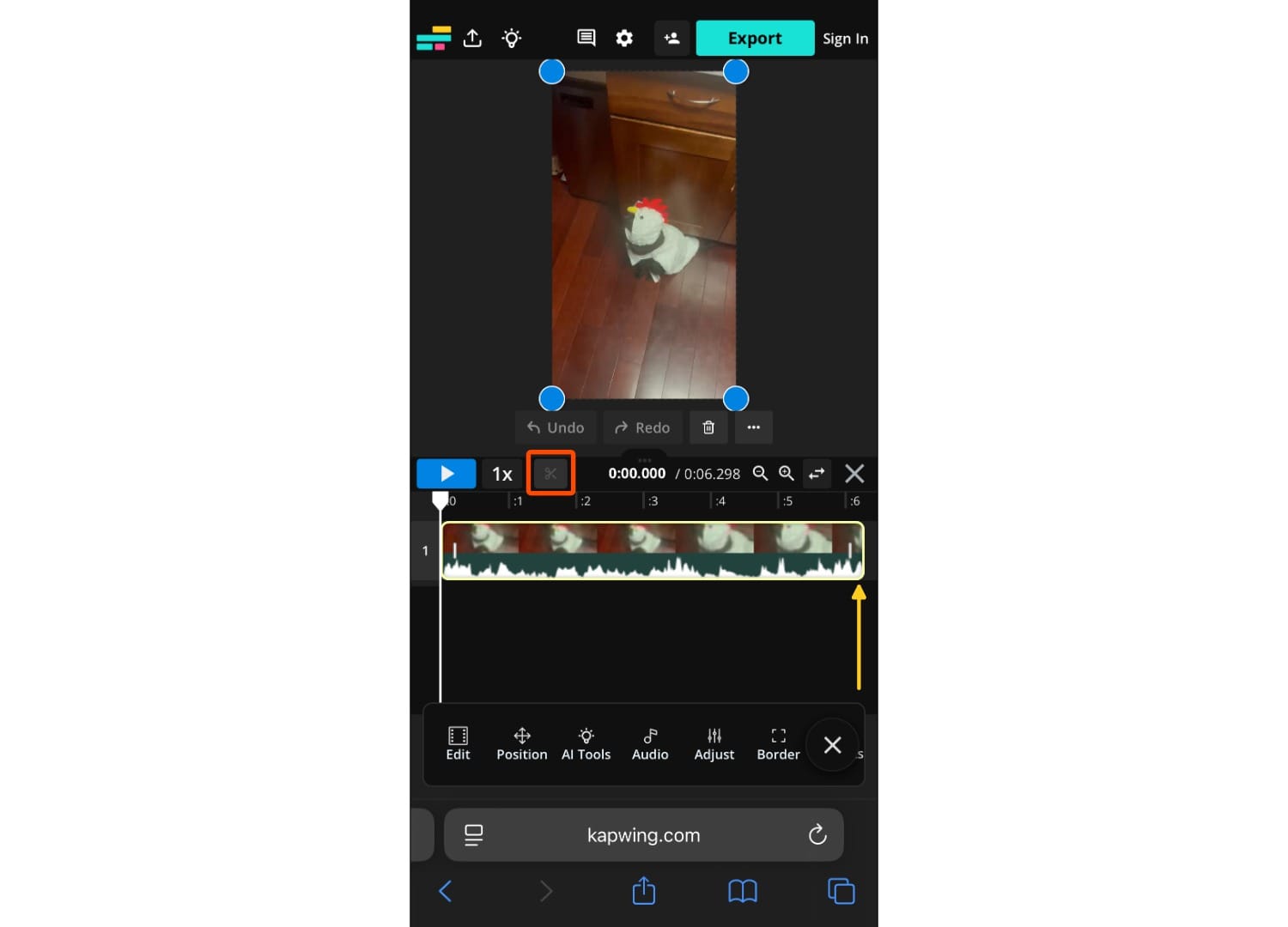 A screenshot showing how to trim a video on Kapwing