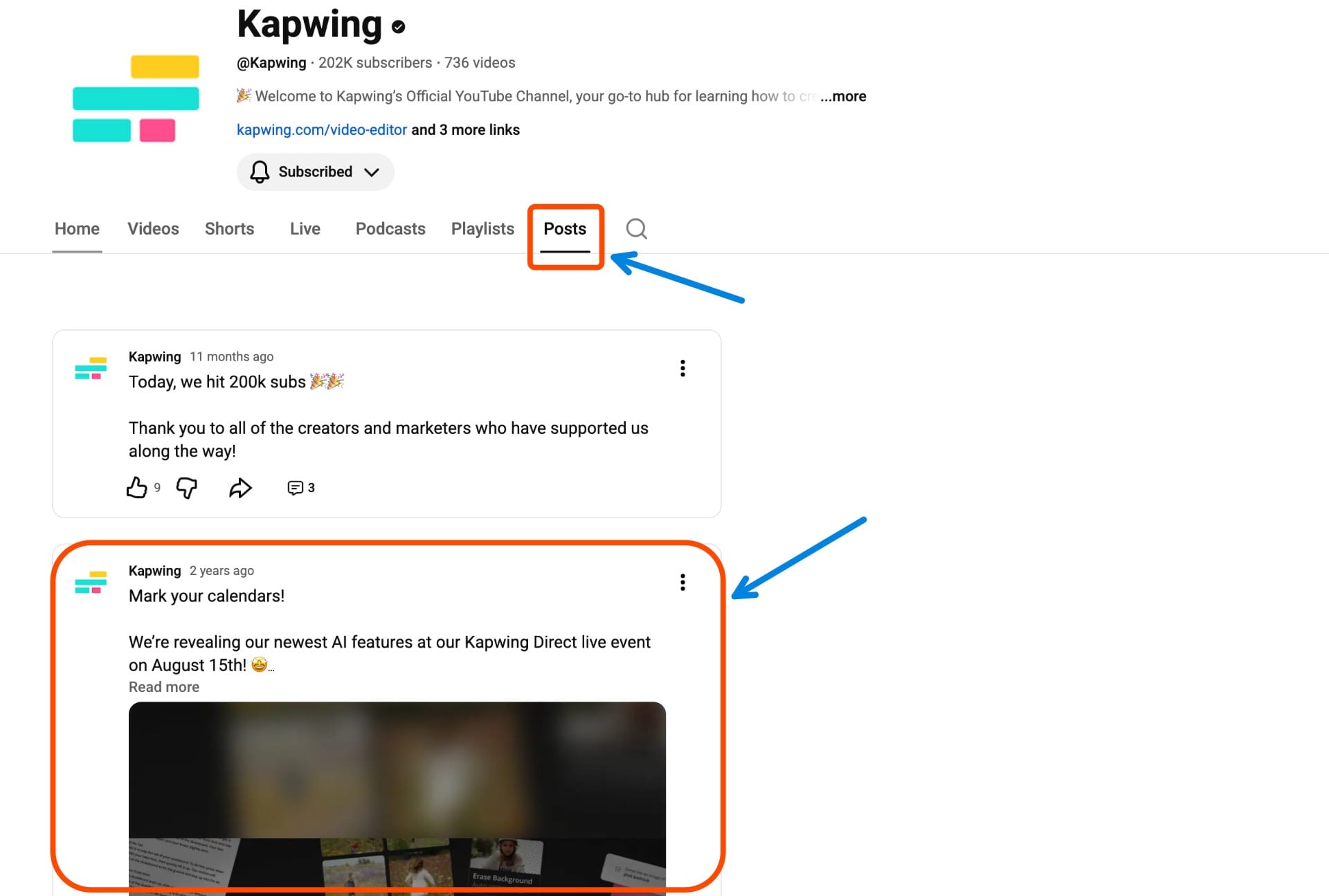 YouTube Community tab with image posts visible on Kapwing’s channel — shows how image posts appear to subscribers.