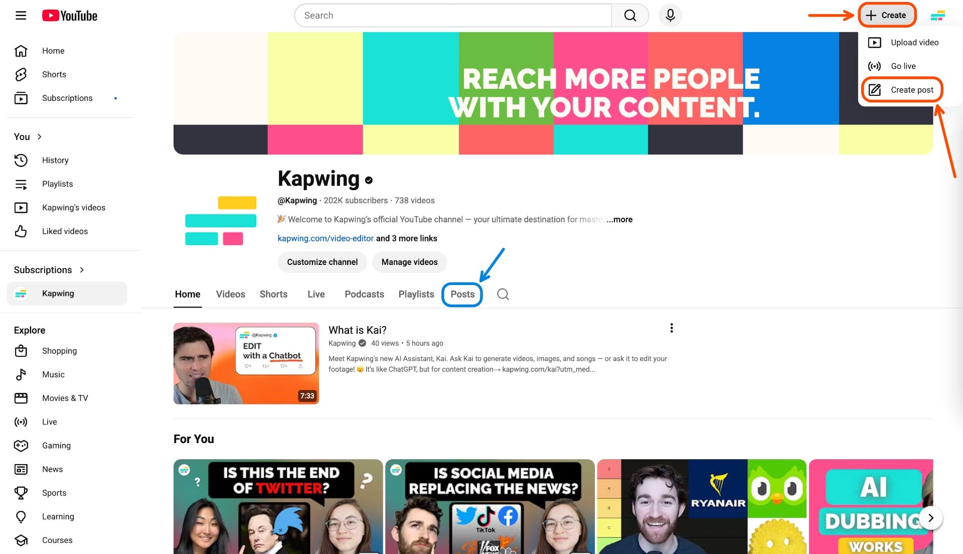 How to start a YouTube image post using the Create button or Posts tab on your channel.