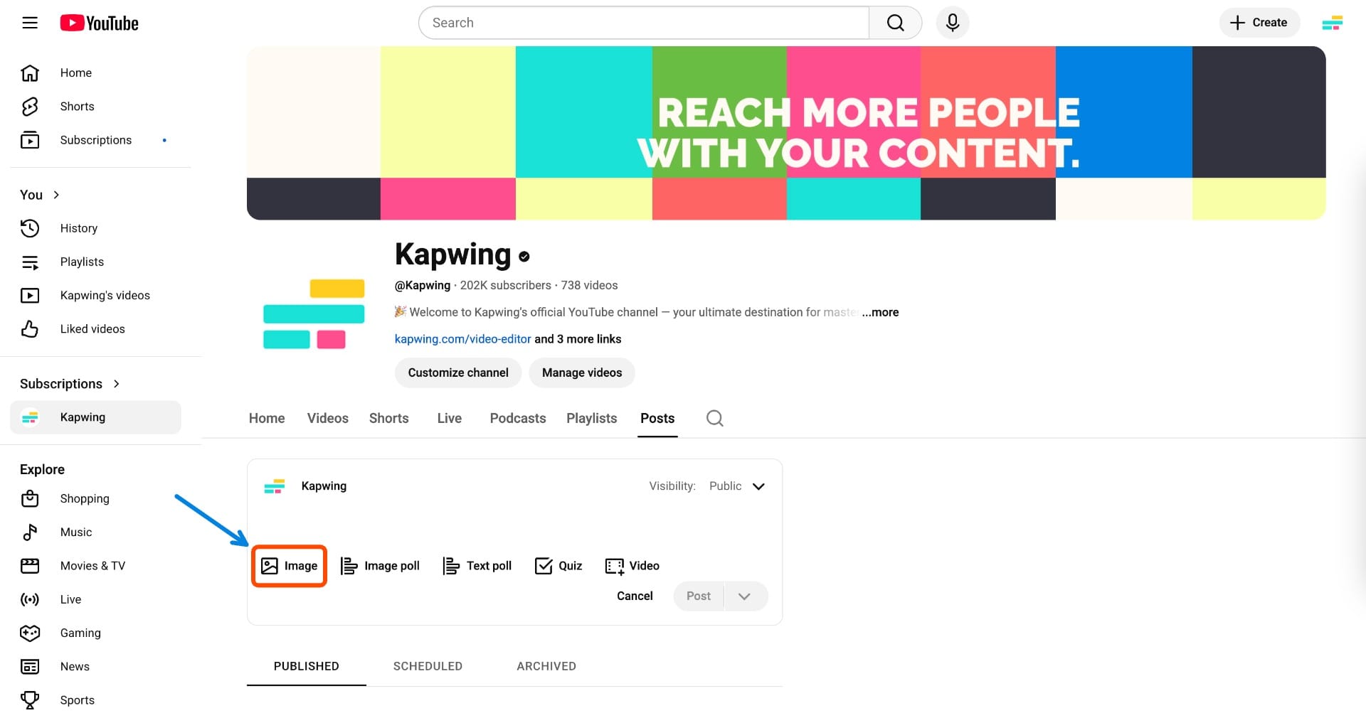 YouTube post composer with the image upload icon highlighted for creating a Community post with a photo.