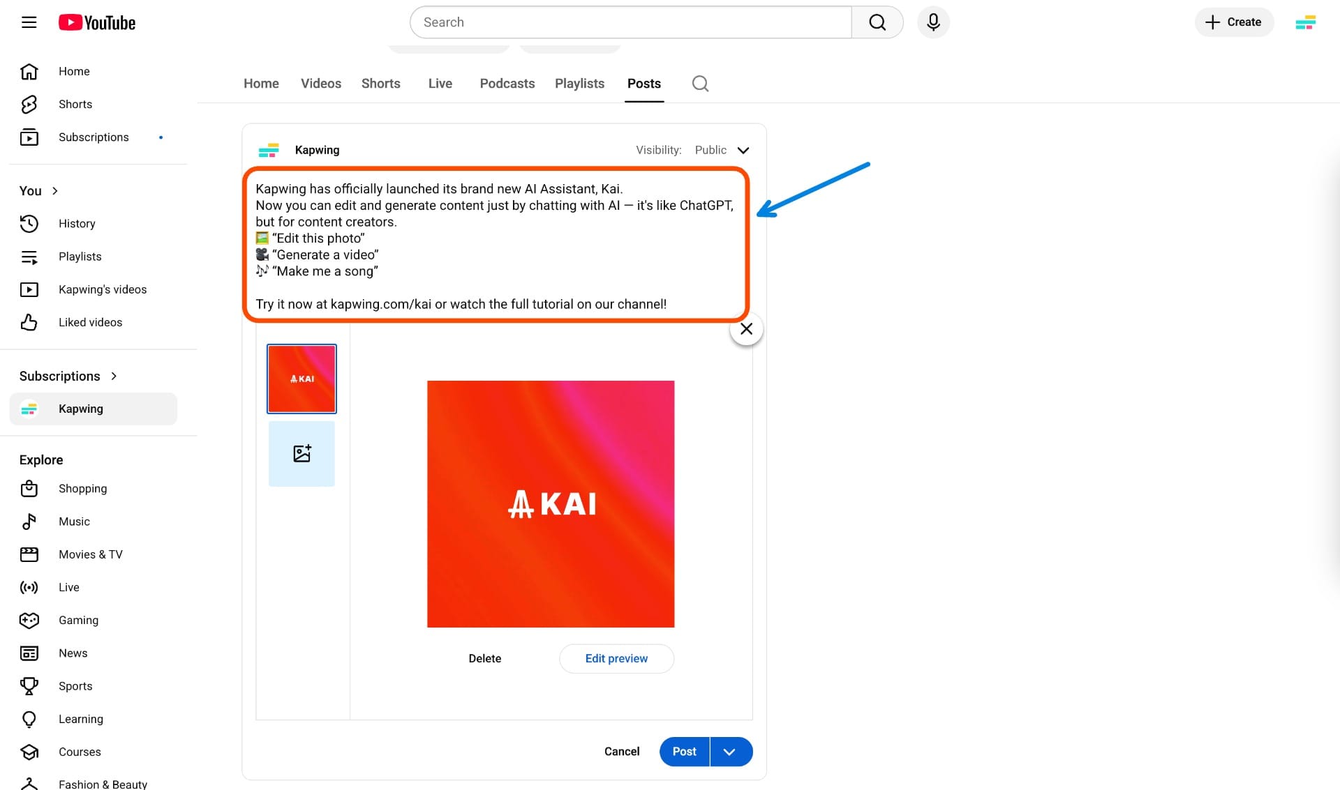 Example YouTube image post with caption written to promote the Kai launch using brand messaging.