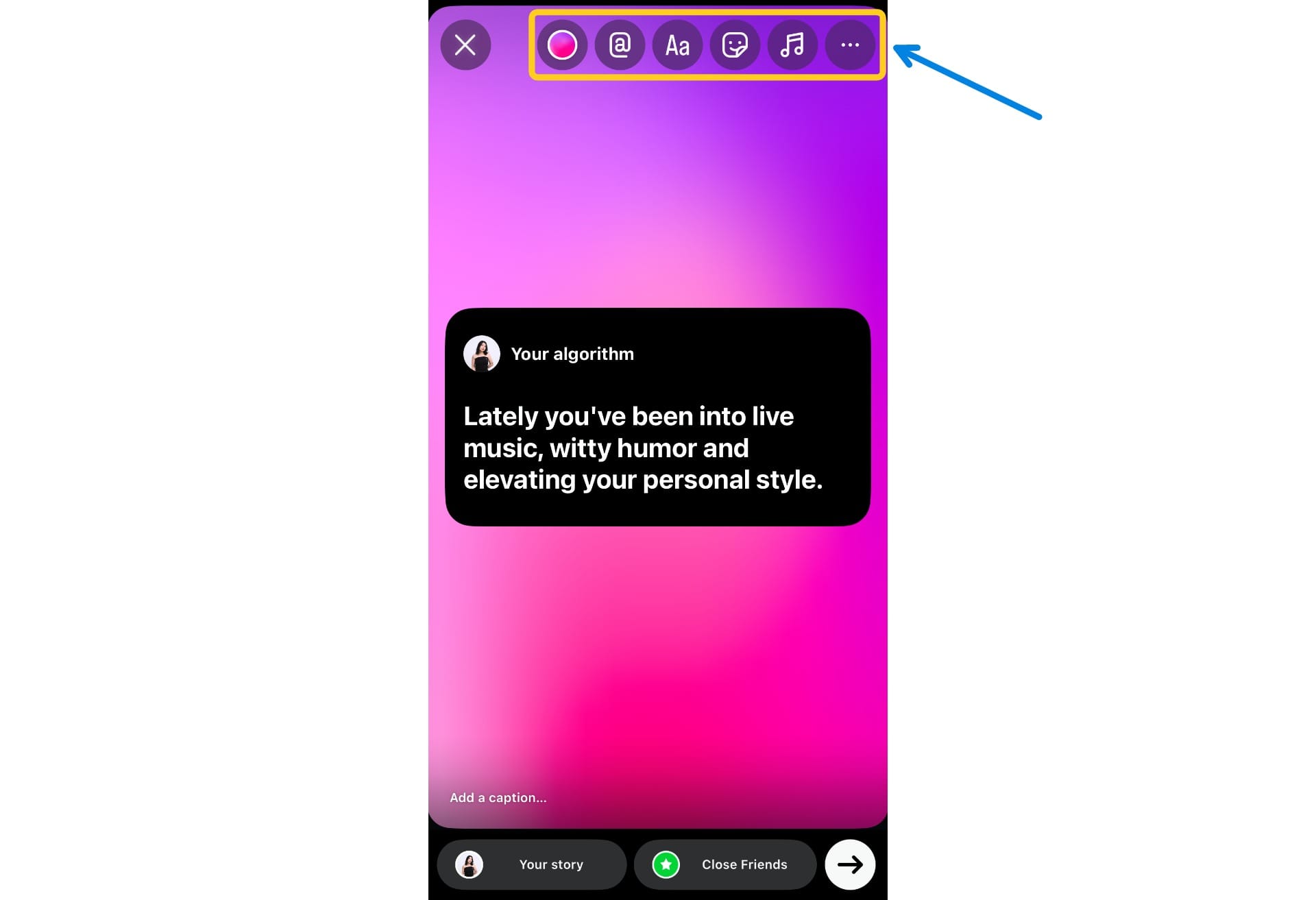 Instagram Story customization screen with gradient background and editable story features.