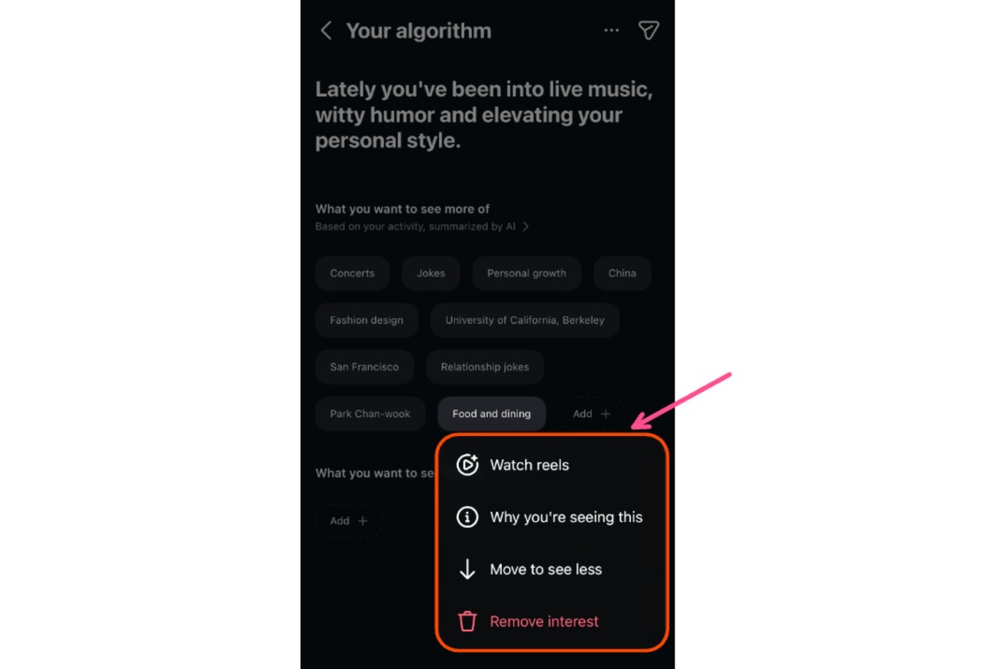 Close-up of options for managing Instagram algorithm topics, including “Watch reels,” “Move to see less,” and “Remove interest.”