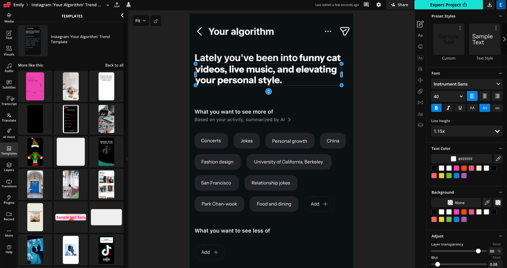 Screenshot of Kapwing’s Your Algorithm template editor with text boxes and style customization options.