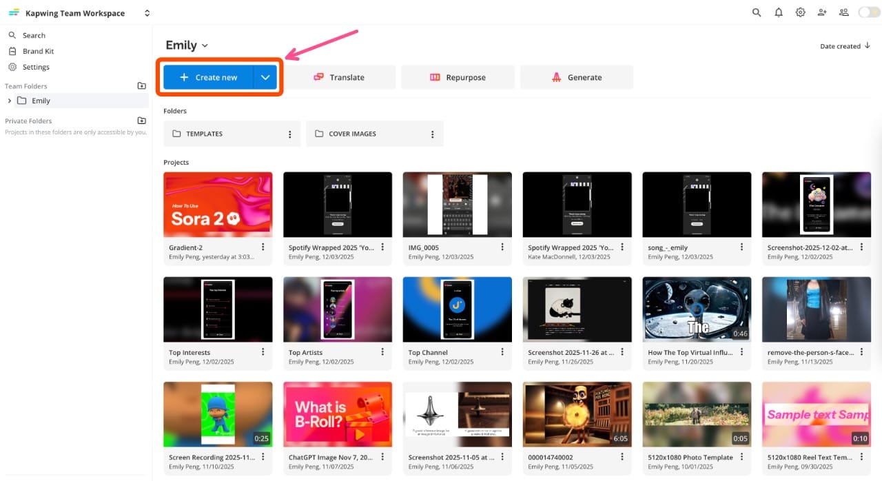 Kapwing workspace dashboard with the Create New button and options to upload or import video files.