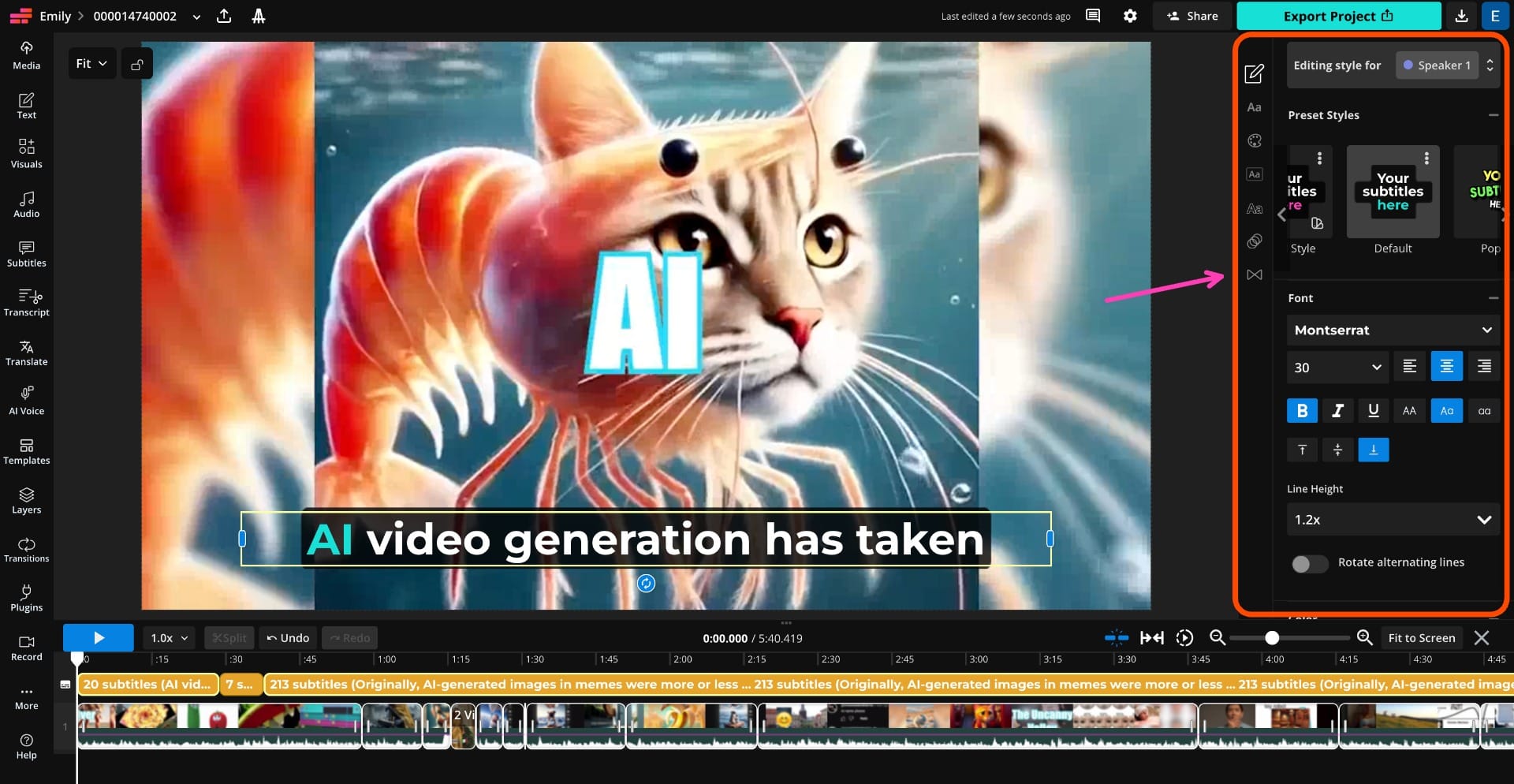 Kapwing subtitle editor with auto‑generated captions and editing options for text and timing.