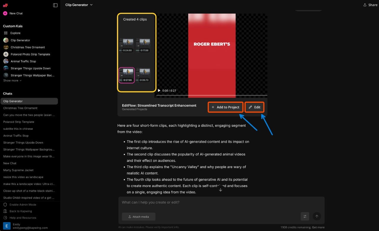 Screenshot of Kapwing AI (Kai) interface showing a multi-scene video script with the “Edit in Studio” and “Add to Project” buttons highlighted.