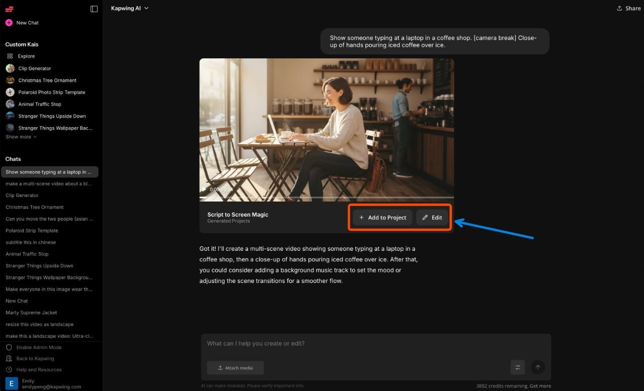 Kai interface displaying grouped video clips generated from a single upload, with buttons to edit or add to a project.