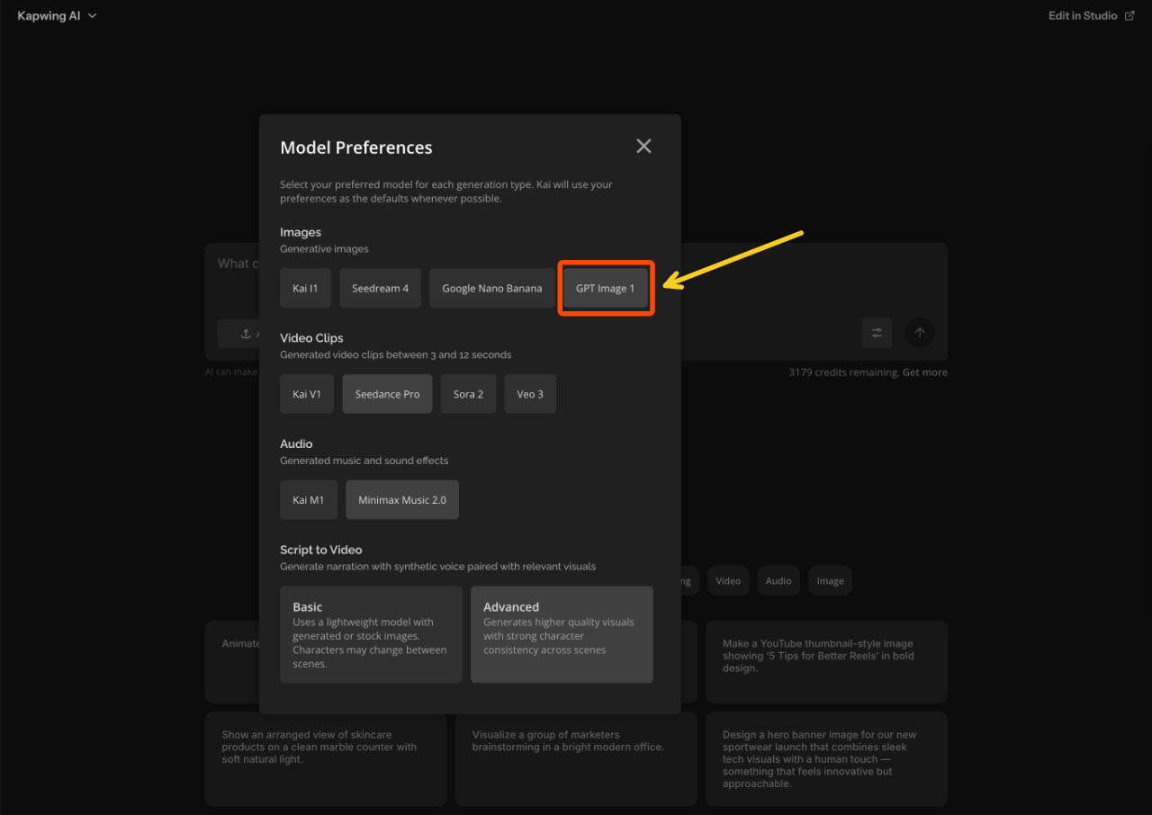 Kapwing model selection menu highlighting “GPT Image 1” as the image generator for replicating ChatGPT image style.