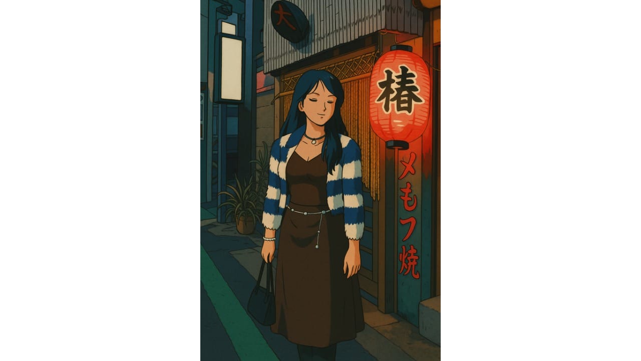 Retro anime–style imagewith flat shading, bold outlines, subtle grain, and a vintage animation look.