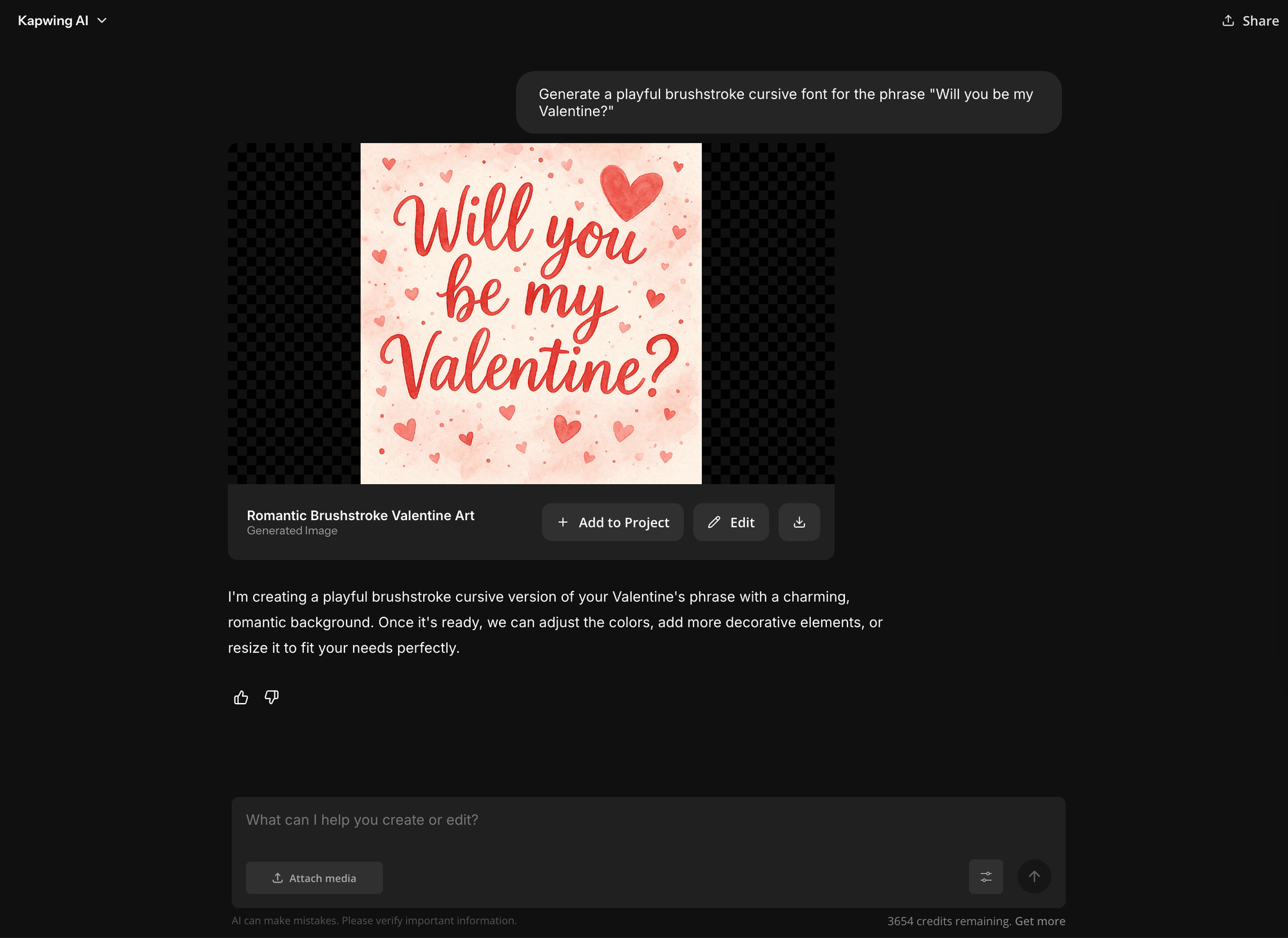 AI-generated Valentine’s Day script lettering created with Kapwing AI for a romantic card design