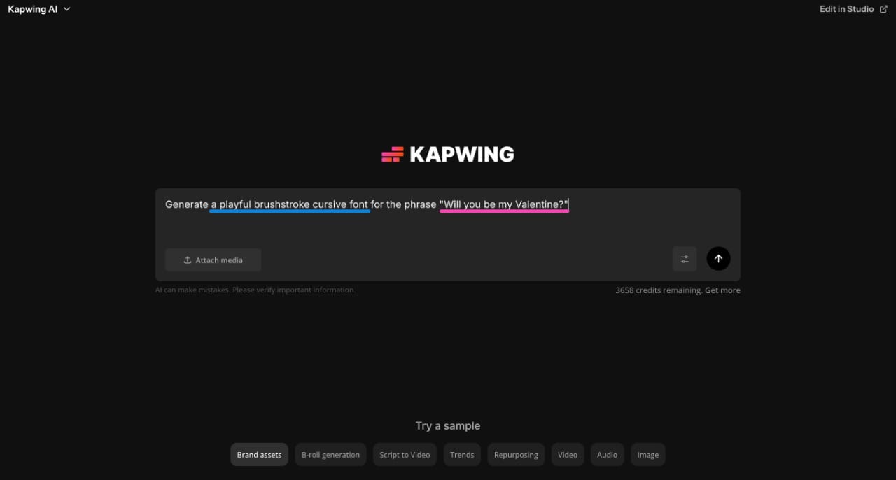 Example of prompting Kapwing AI to generate a custom Valentine’s Day cursive font for a romantic phrase