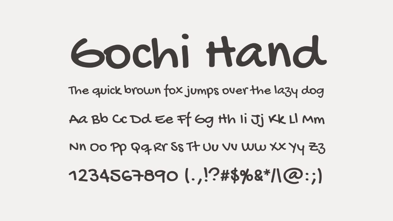 Gochi Hand handwritten font specimen with thick rounded lettering for cute Valentine’s Day cards