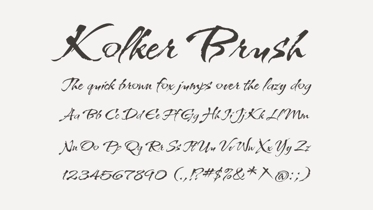 Kolker Brush brush script font specimen with expressive strokes for Valentine’s Day posters and headlines