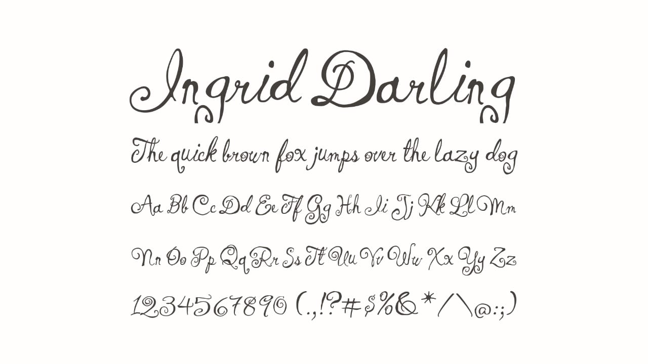 Ingrid Darling handwritten script font specimen used for playful Valentine’s Day designs