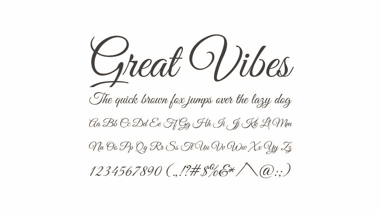 Great Vibes script font specimen showing elegant cursive lettering for Valentine’s Day cards and posters