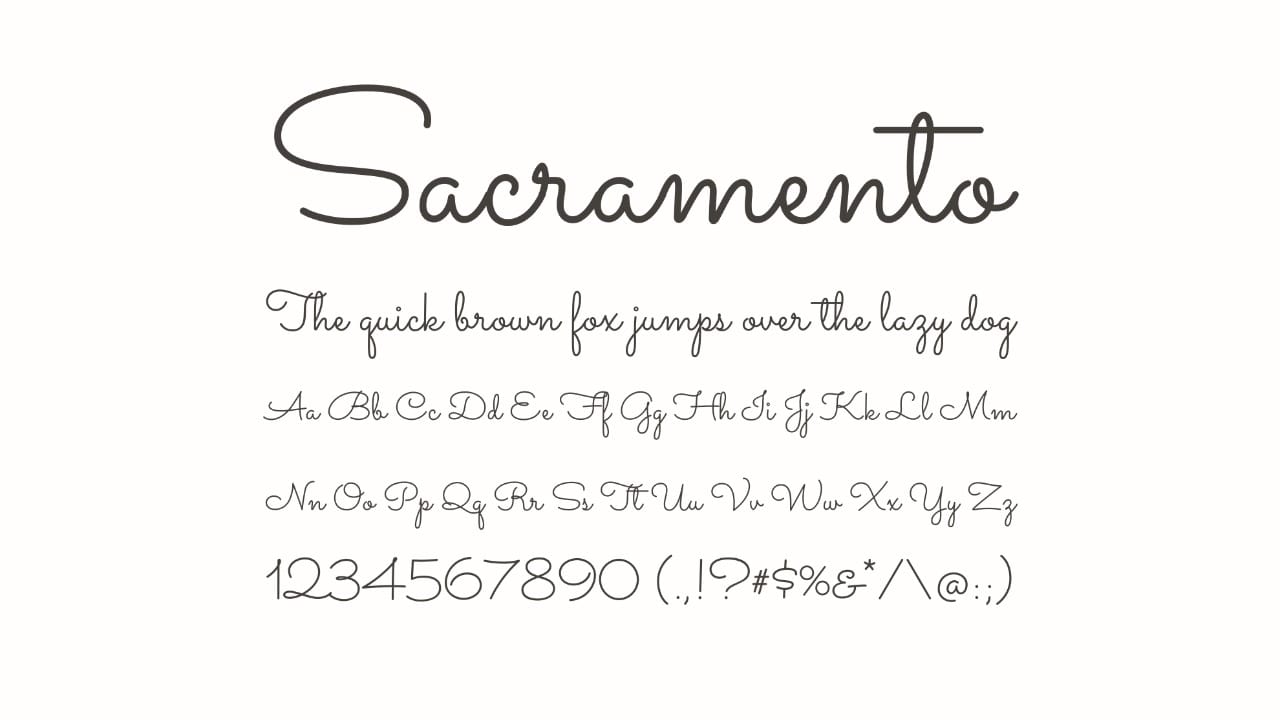 Sacramento monoline script font specimen for Valentine’s Day cards and social graphics