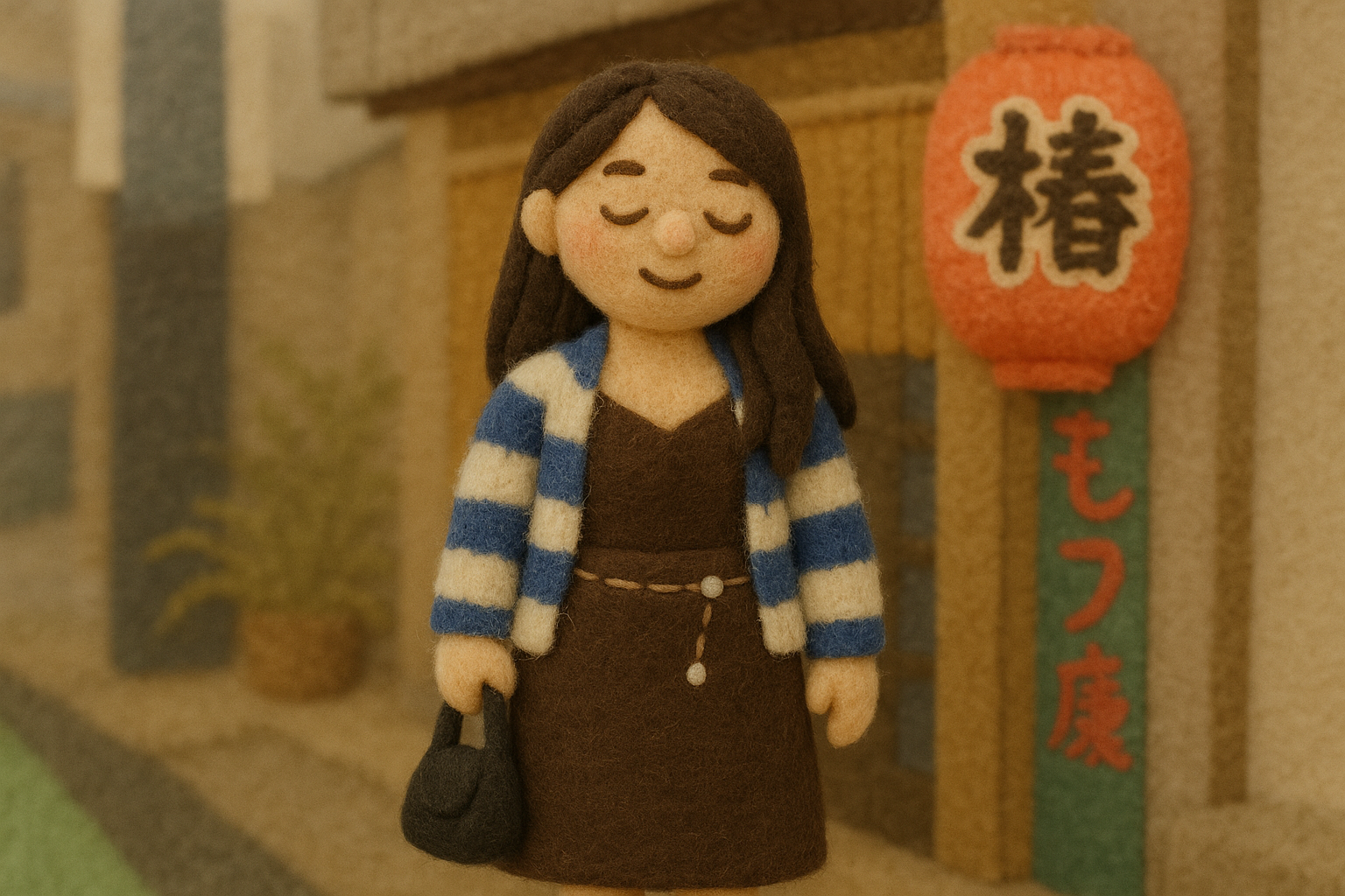 Felt toy–style image with stitched fabric textures, simplified shapes, and muted colors.