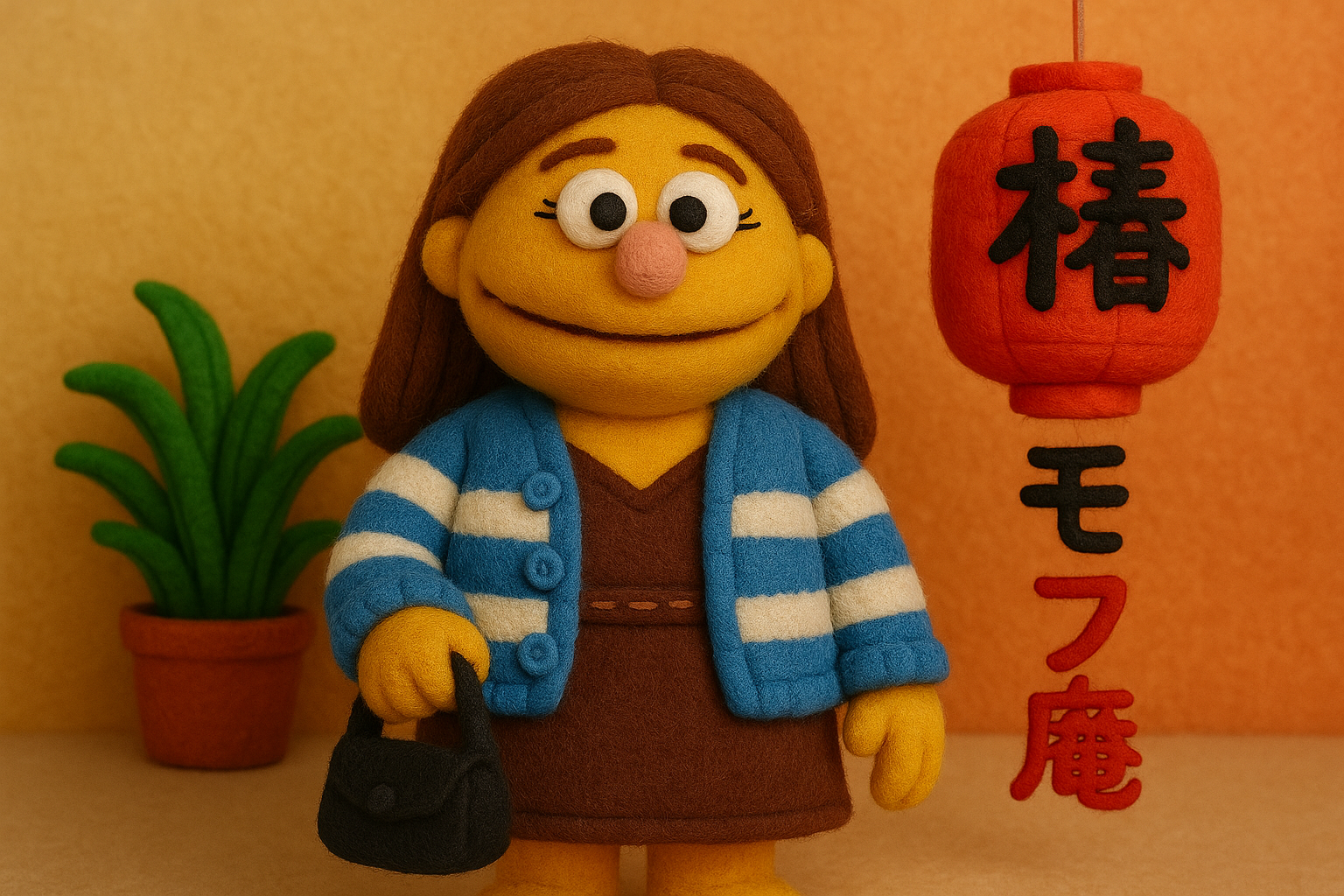 Muppet-style image with felt textures, visible stitching, and expressive googly eyes.