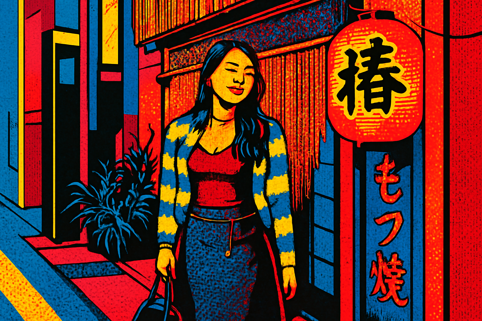 Pop art–style image with halftone patterns, thick outlines, and vibrant contrasting colors.
