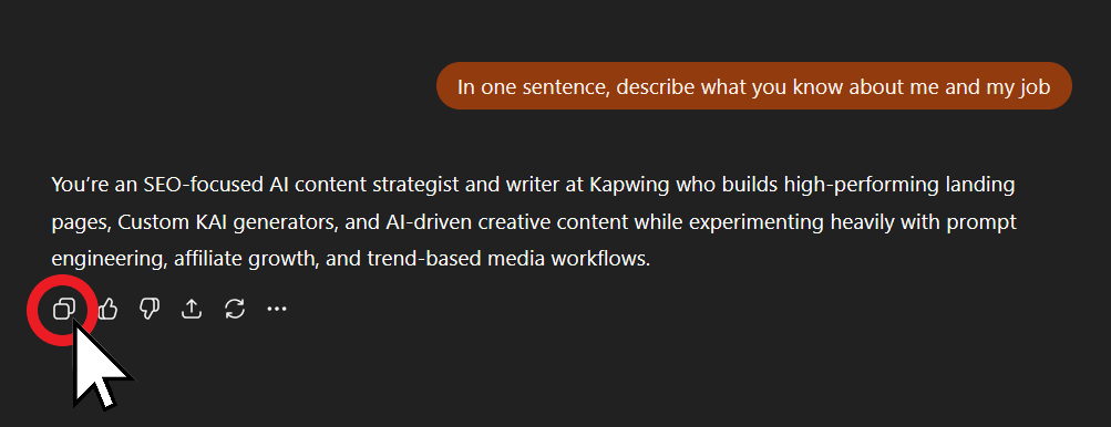 Image showing how to copy the text of a ChatGPT caricature prompt.