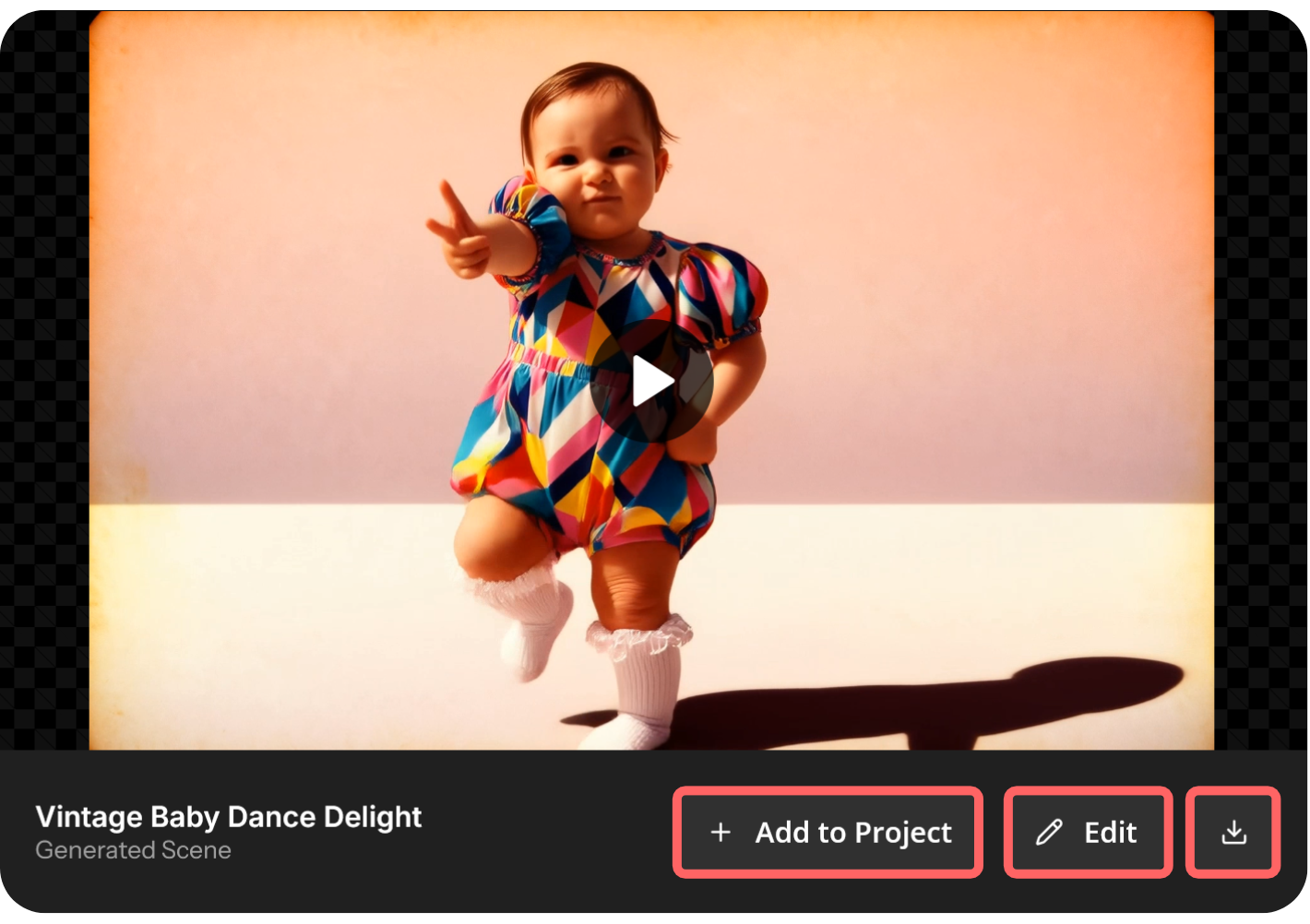 Action buttons highlighted showing how to edit an AI generated dance video or download it.