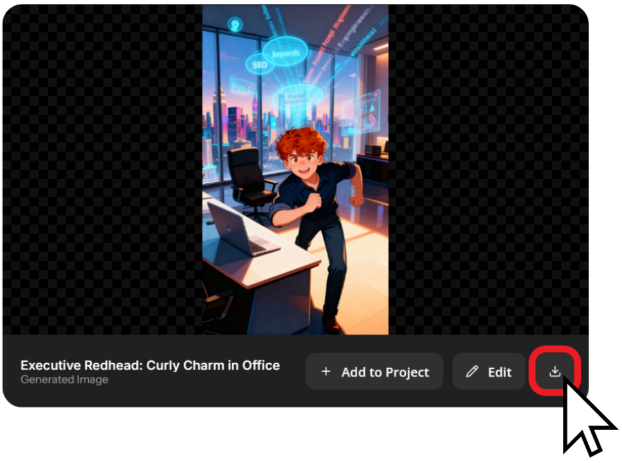 Image highlighting the download button showing how to save a ChatGPT generated caricature. 