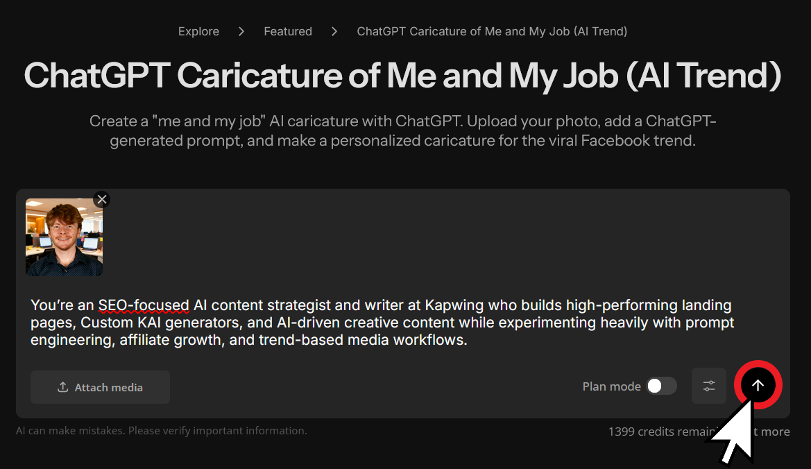 Image highlighting the send button to submit a prompt and generate an AI caricature. 