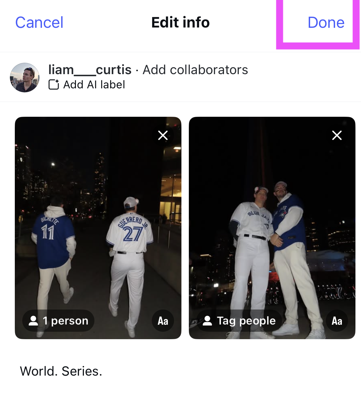 Screenshot of a carousel post on Instagram, with the "done" button highlighted