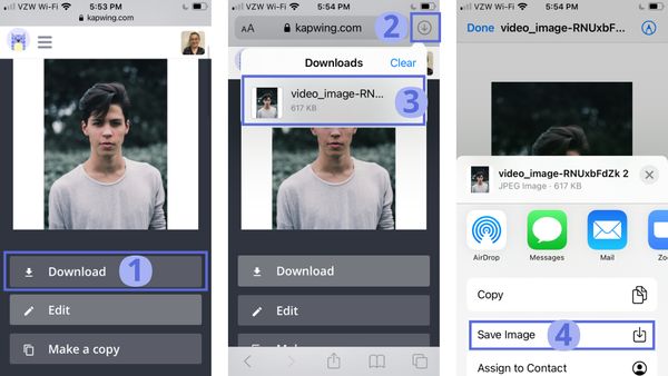 Screenshots von Kapwing, die zeigen, wie man ein Foto herunterlädt und auf einem mobilen Gerät speichert. 