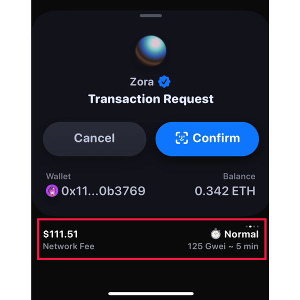 A $111 gas fee is displayed in the Rainbow Ethereum Wallet