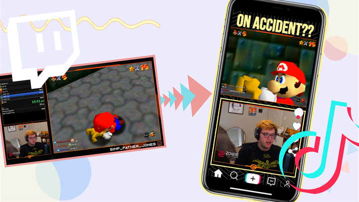 A graphic with a Twitch Clip on one side and a reformatted version posted to TikTok on the right.