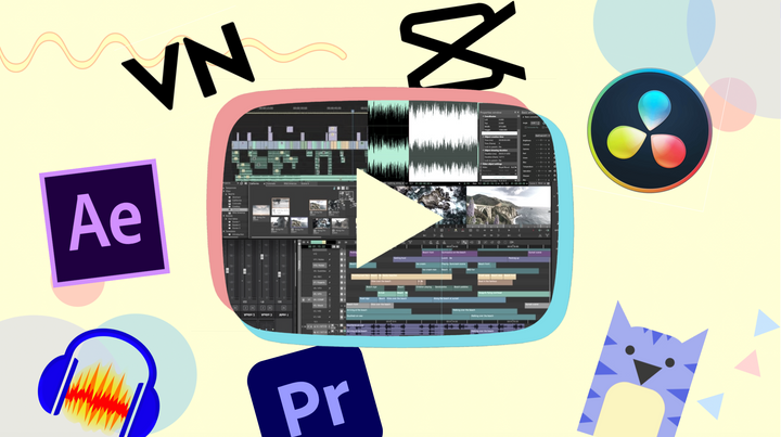 A graphic featuring various video editing software logos.