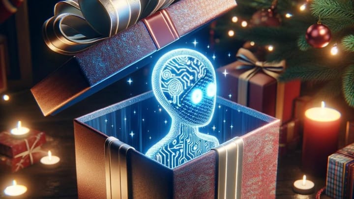 Image of an AI avatar emerging from a gift wrapped present.