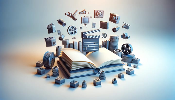 Illustration feature a dictionary with 3D models of video editing gear hovering above it.