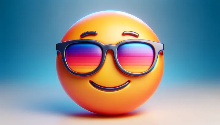 3D model generated by AI of a "cool" emoji wearing multicolor sunglasses.