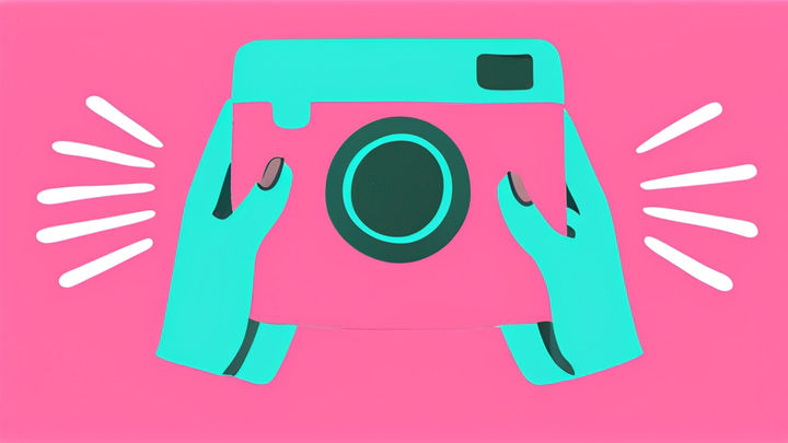 Illustration of a person holding a video camera shaped like the Instagram logo.